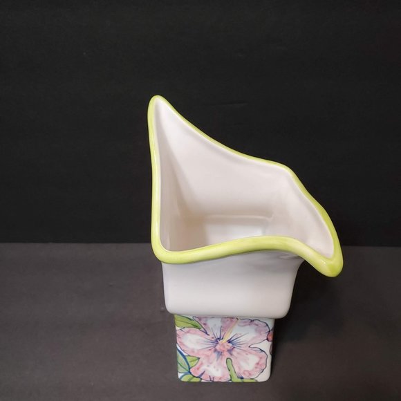 Asymmetrical Ceramic Vase, Tika, Lotus International, Painted Hibiscus Flowers - Picture 3 of 10